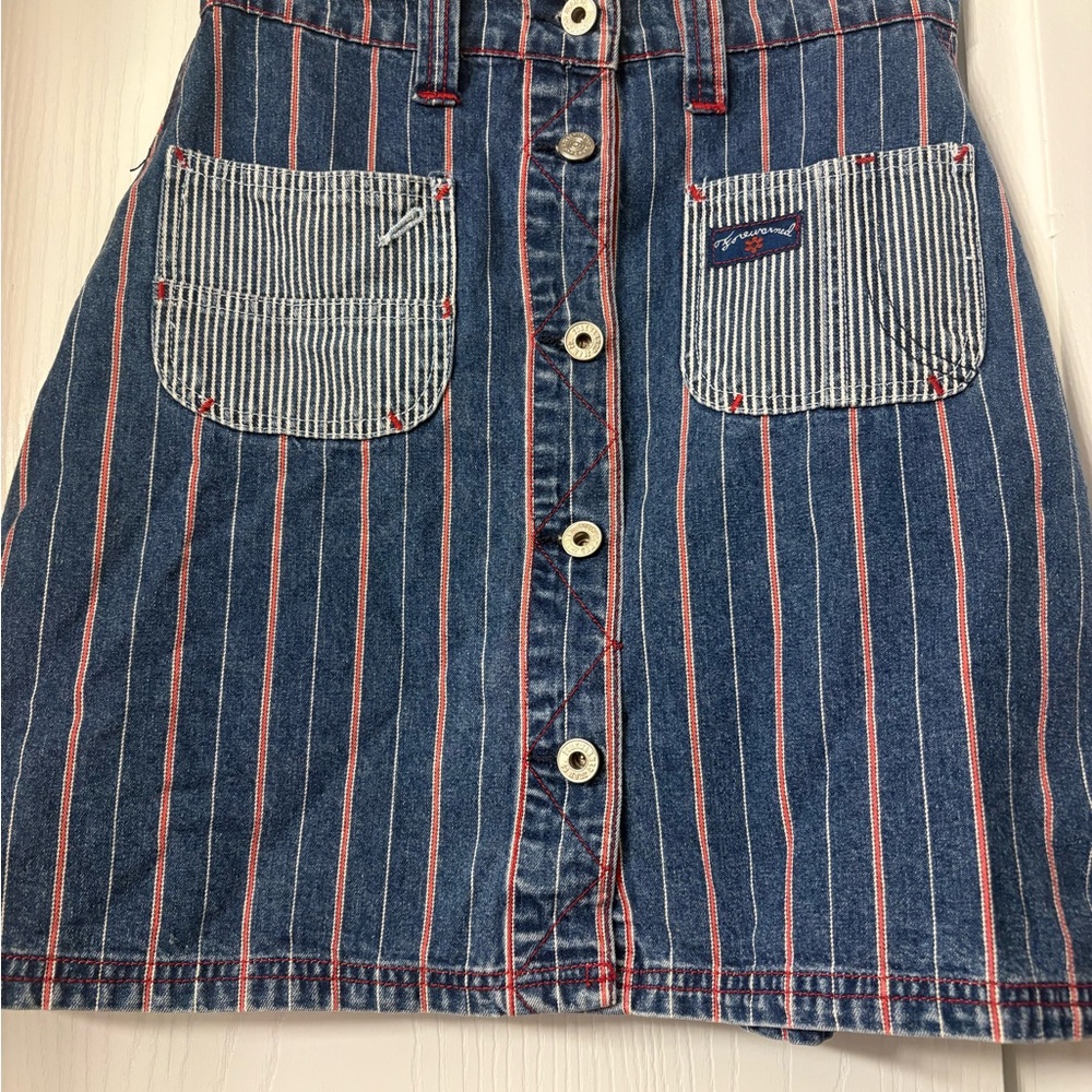 Striped Denim Mini Skirt with Contrast Patch Pockets - Blue